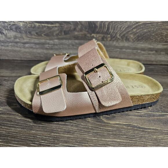 Womens SERRA Rose Gold LEATHER Side Buckle Sandals Shoes 8 Birk - Picture 4 of 7